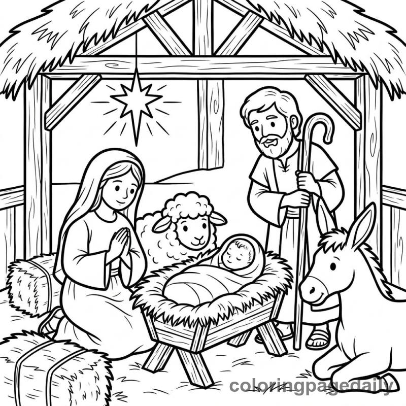 The First Christmas Nativity Scene - Daily printable coloring page in Christmas category