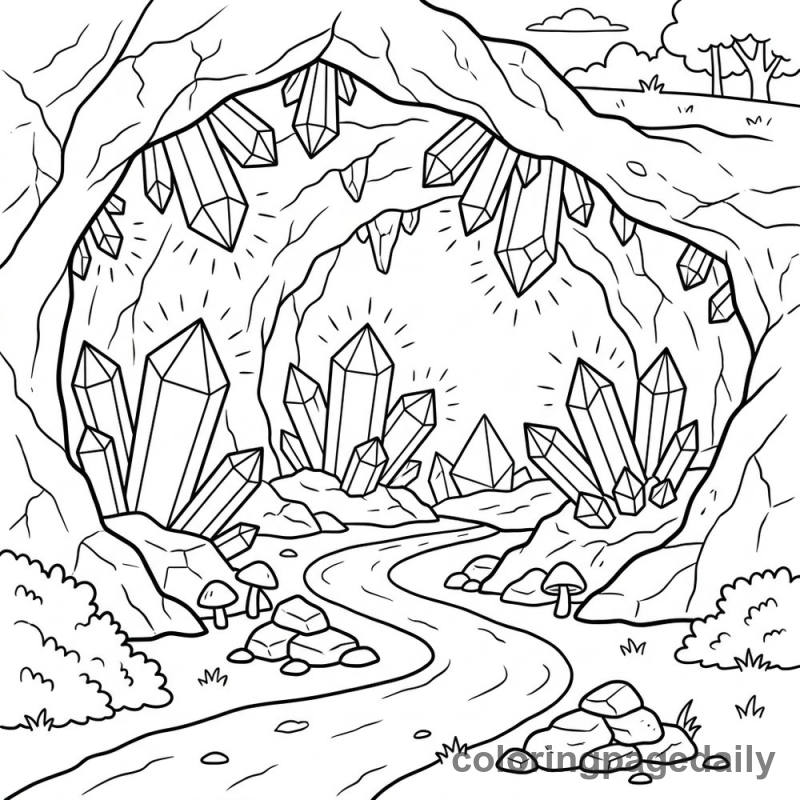 The Glowing Crystal Cave Path - Daily printable coloring page in Scenery category