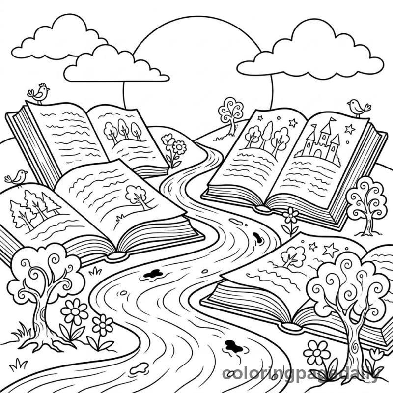 The Magical Land of Books - Daily printable coloring page in Scenery category