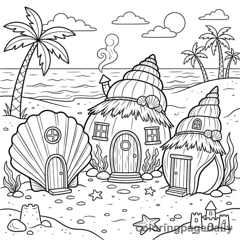 The Magical Seashell Village - Daily printable coloring page in Scenery category