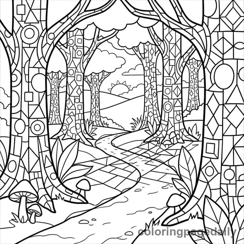 The Stained-Glass Forest Path - Daily printable coloring page in Scenery category