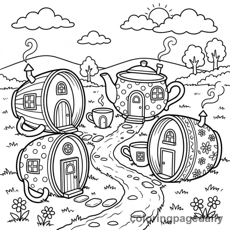 The Whimsical Teacup Village - Daily printable coloring page in Scenery category
