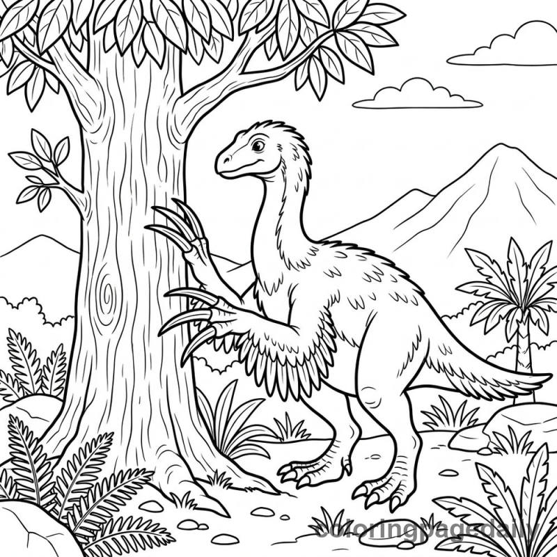 Therizinosaurus Touching Tree - Daily printable coloring page in Dinosaur category