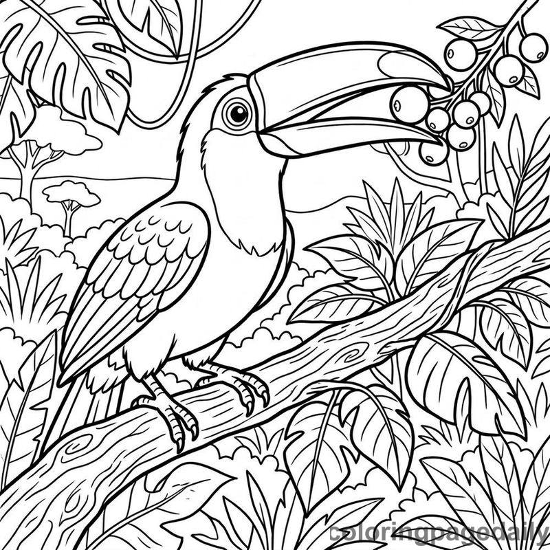 Toucan Eating Tropical Berries - Daily printable coloring page in Animals category