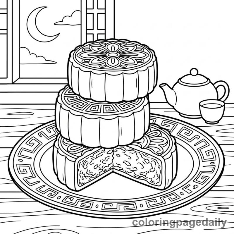 Traditional Chinese Mooncakes - Daily printable coloring page in Food category