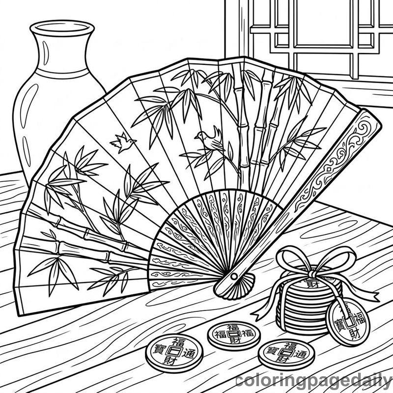 Traditional Folding Fan And Coins - Colored reference example