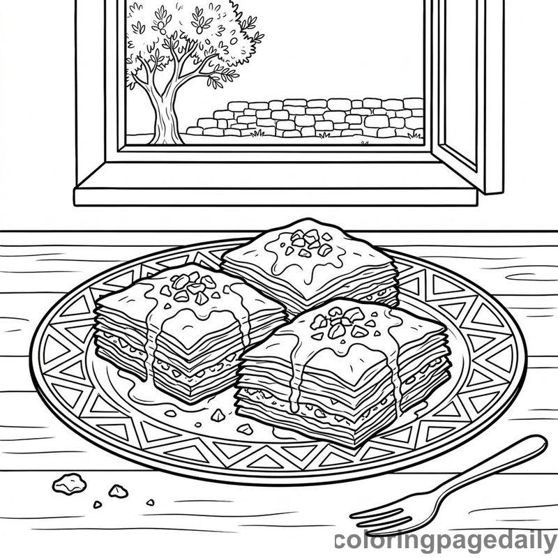 Traditional Greek Baklava Plate - Daily printable coloring page in Food category