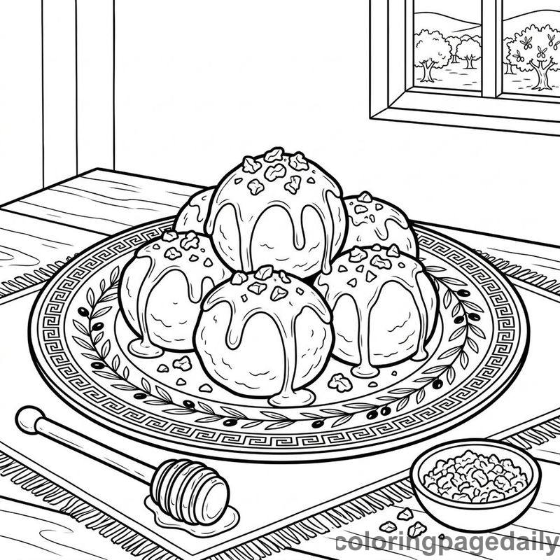 Traditional Greek Loukoumades Plate - Daily printable coloring page in Food category