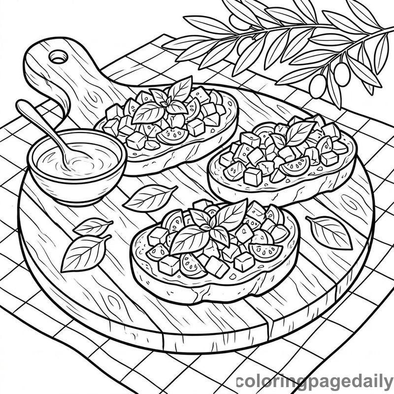 Traditional Italian Bruschetta Board - Daily printable coloring page in Food category