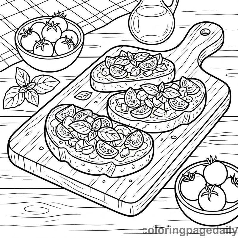 Traditional Italian Bruschetta Board - Daily printable coloring page in Food category