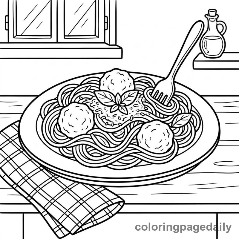 Traditional Italian Spaghetti Plate - Daily printable coloring page in Food category