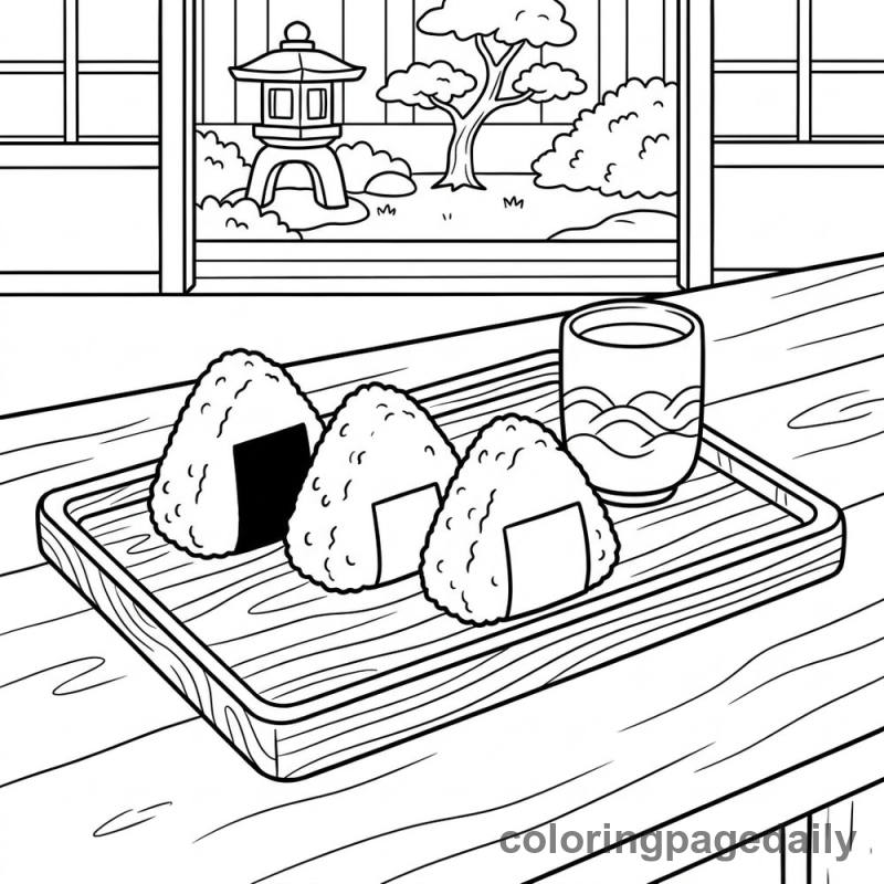 Traditional Japanese Onigiri Tray - Daily printable coloring page in Food category