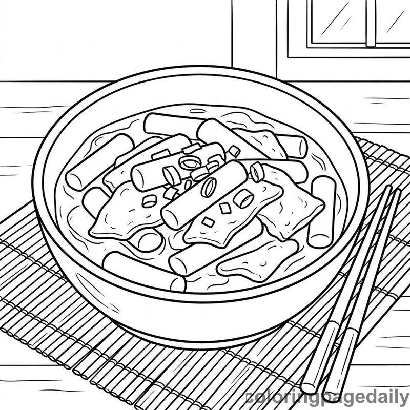 Traditional Korean Tteokbokki Bowl - Daily printable coloring page in Food category