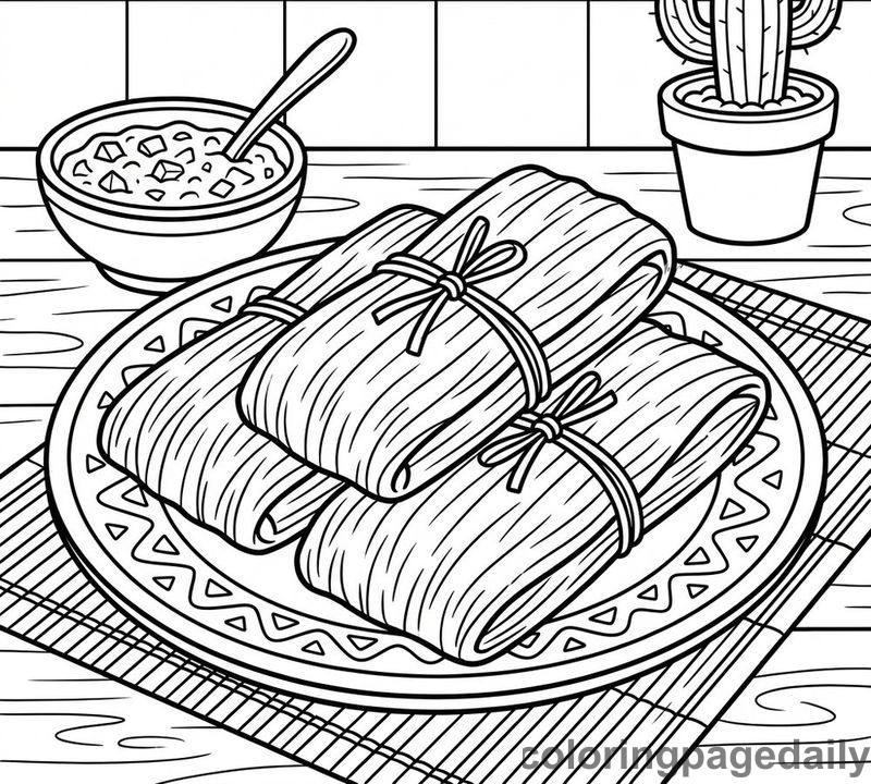 Traditional Mexican Tamales Plate - Daily printable coloring page in Food category