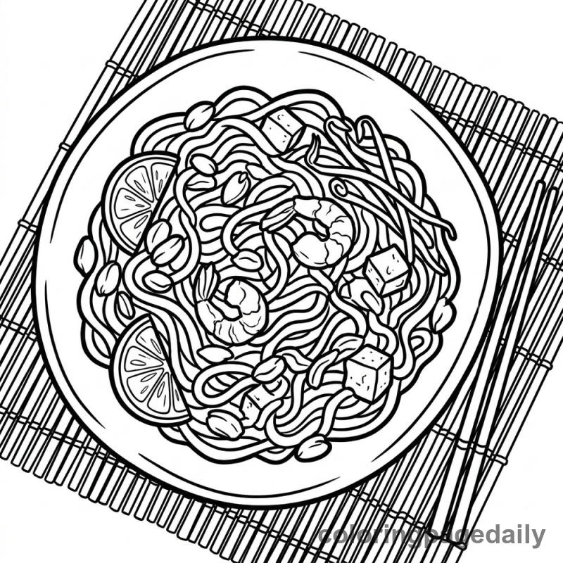 Traditional Pad Thai Bowl - Daily printable coloring page in Food category