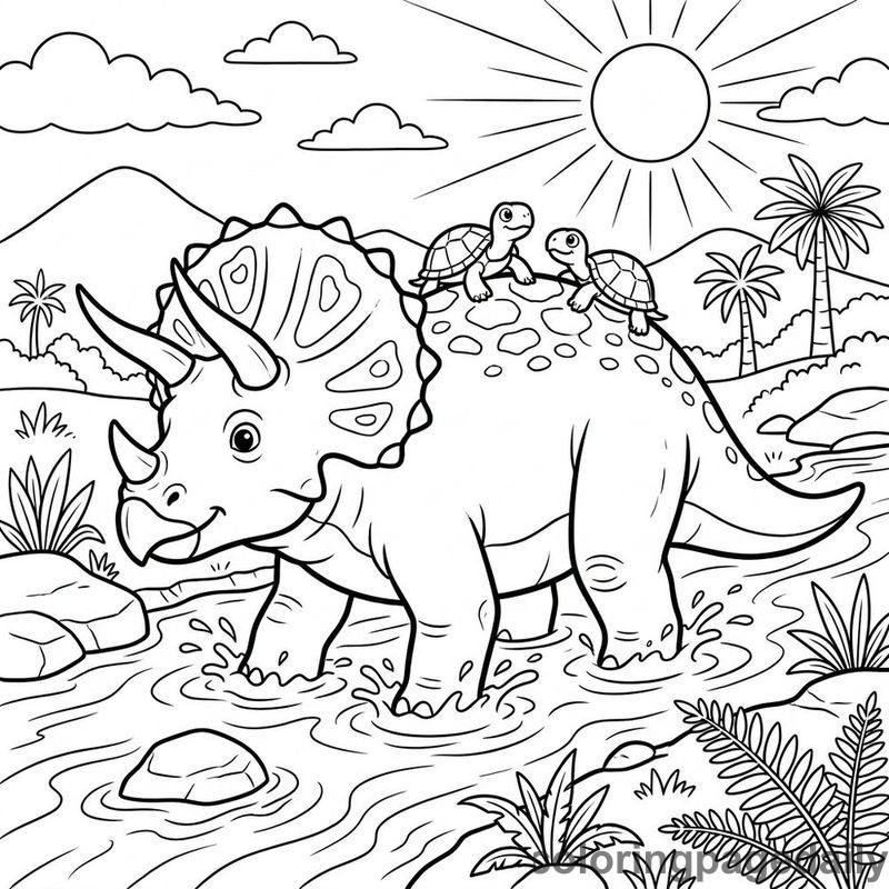 Triceratops And Sunbathing Turtles - Daily printable coloring page in Dinosaur category