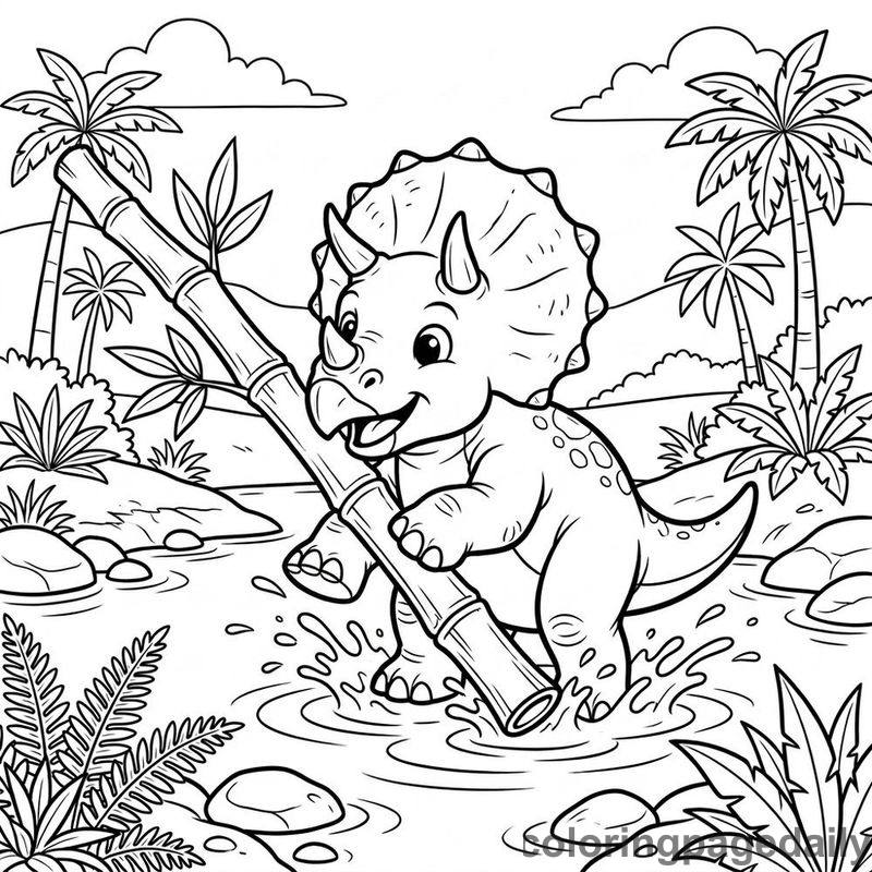 Toby the Triceratops and the Great Bamboo Splash - story illustration coloring page