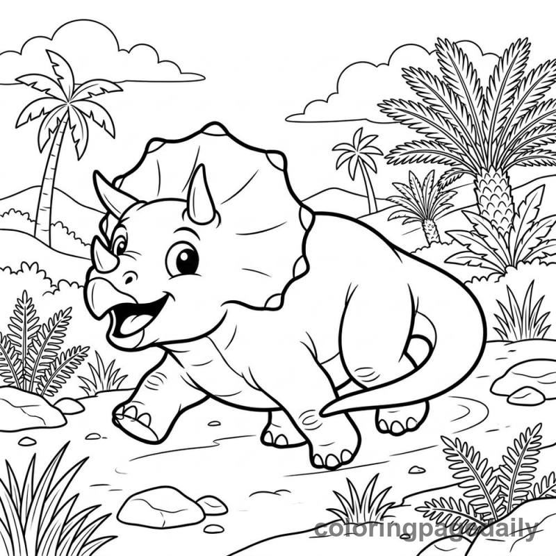 Triceratops Chasing Tail - Daily printable coloring page in Dinosaur category