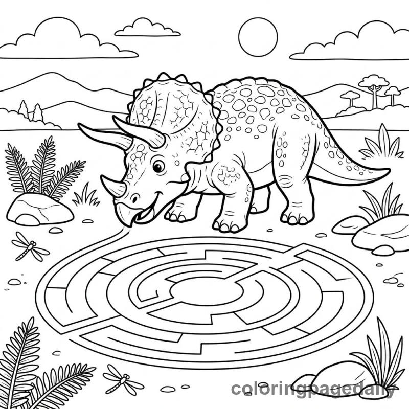Triceratops Drawing A Maze - Daily printable coloring page in Dinosaur category