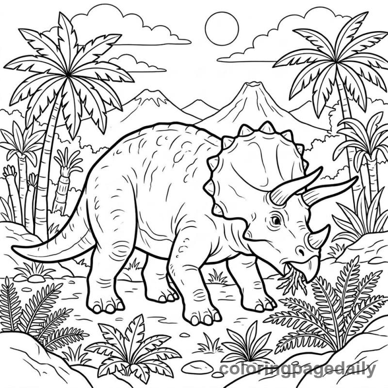 Triceratops Eating Plants - Daily printable coloring page in Dinosaur category