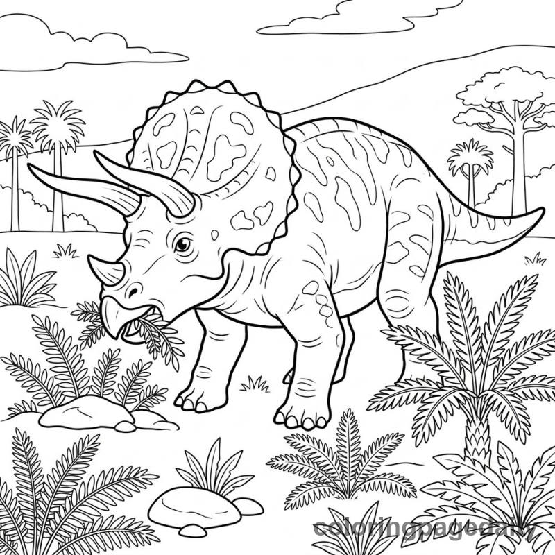 Triceratops Grazing Ferns - Daily printable coloring page in Dinosaur category