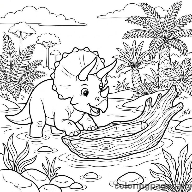 Triceratops Nudging Driftwood Boat - Colored reference example