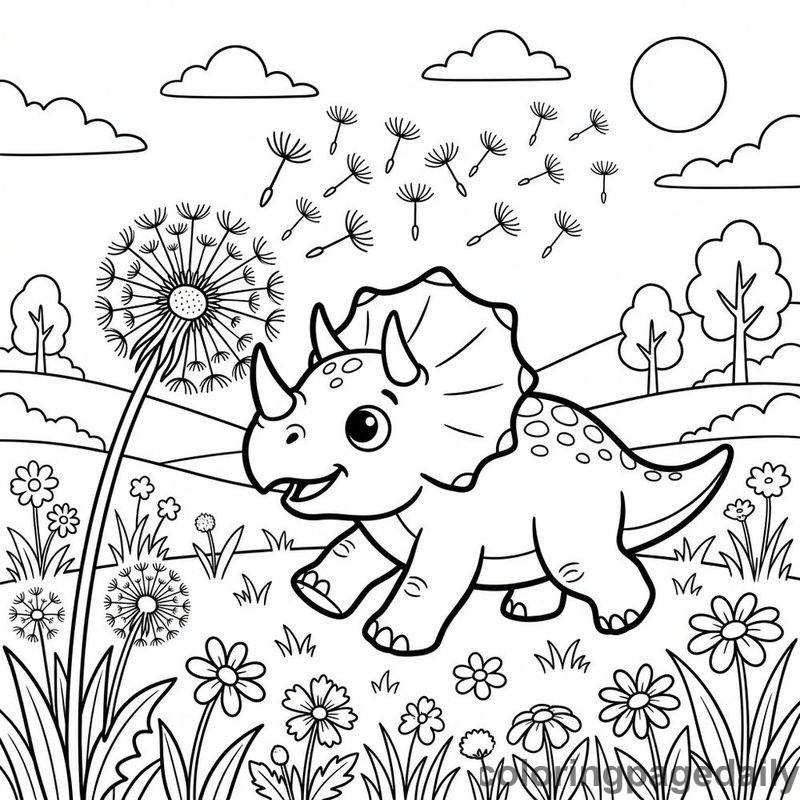 Triceratops Nudging Giant Dandelion - Colored reference example