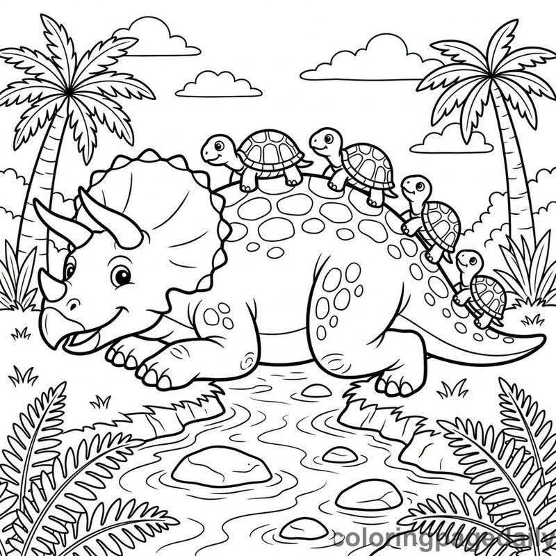 Triceratops Turtle River Bridge - Daily printable coloring page in Dinosaur category