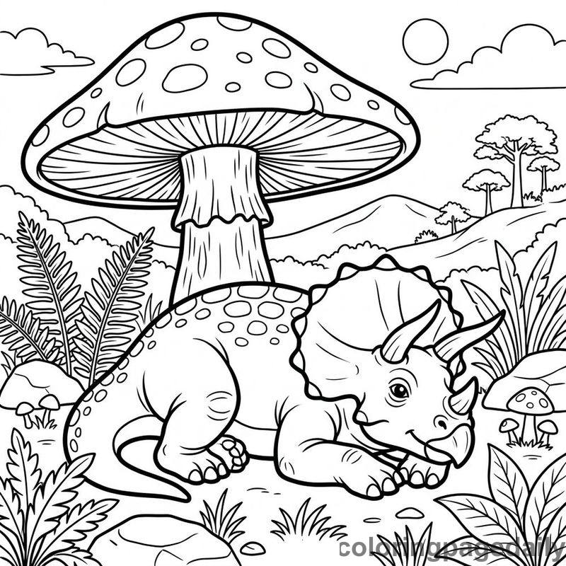 Triceratops Under Giant Mushroom - Daily printable coloring page in Dinosaur category