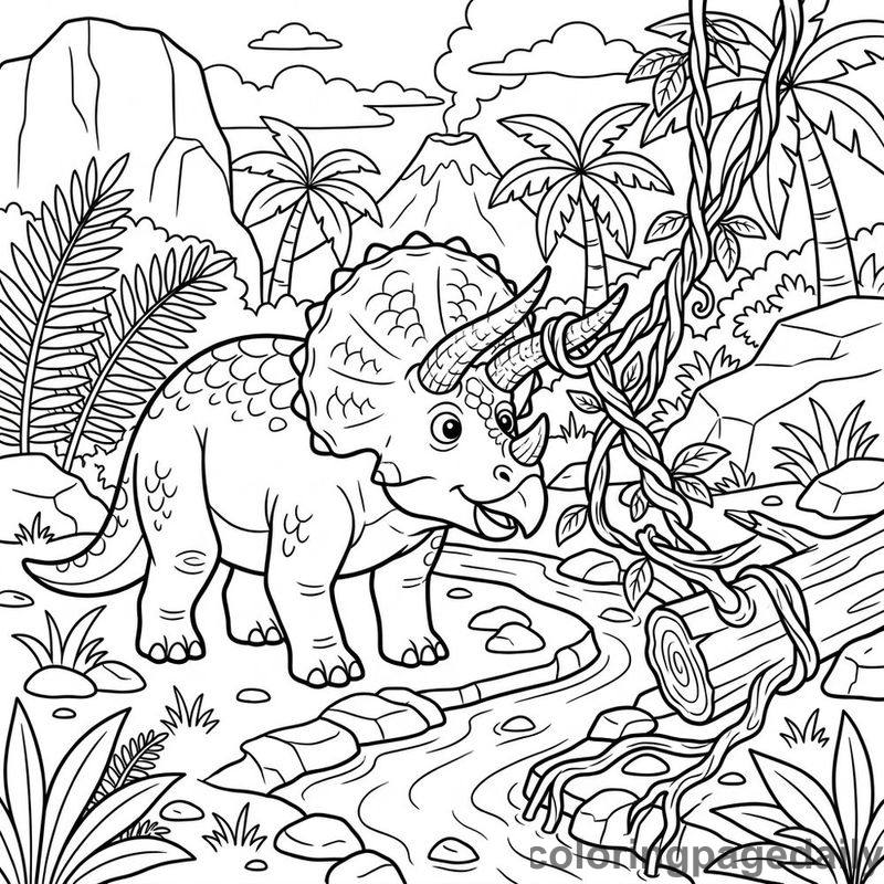 Triceratops Untangling A Jungle Vine - Daily printable coloring page in Dinosaur category