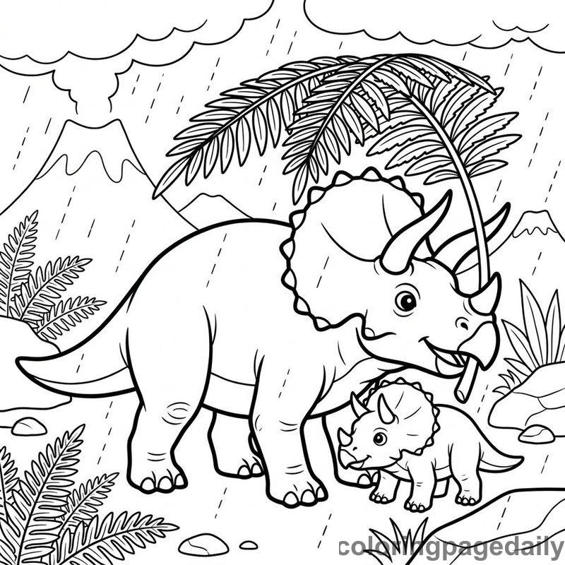 Triceratops Using Fern Umbrella - Daily printable coloring page in Dinosaur category
