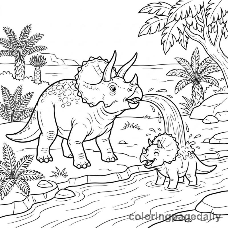 Triceratops Water Fountain - Daily printable coloring page in Dinosaur category