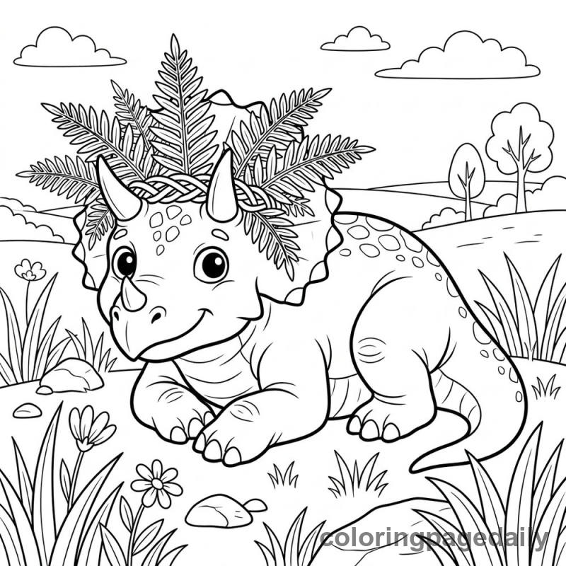 Triceratops Wearing Fern Crown - Daily printable coloring page in Dinosaur category