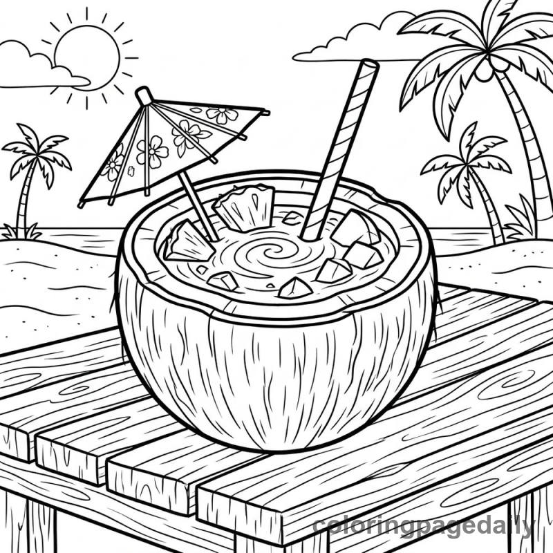 Tropical Coconut Fruit Smoothie - Daily printable coloring page in Summer Vacation category