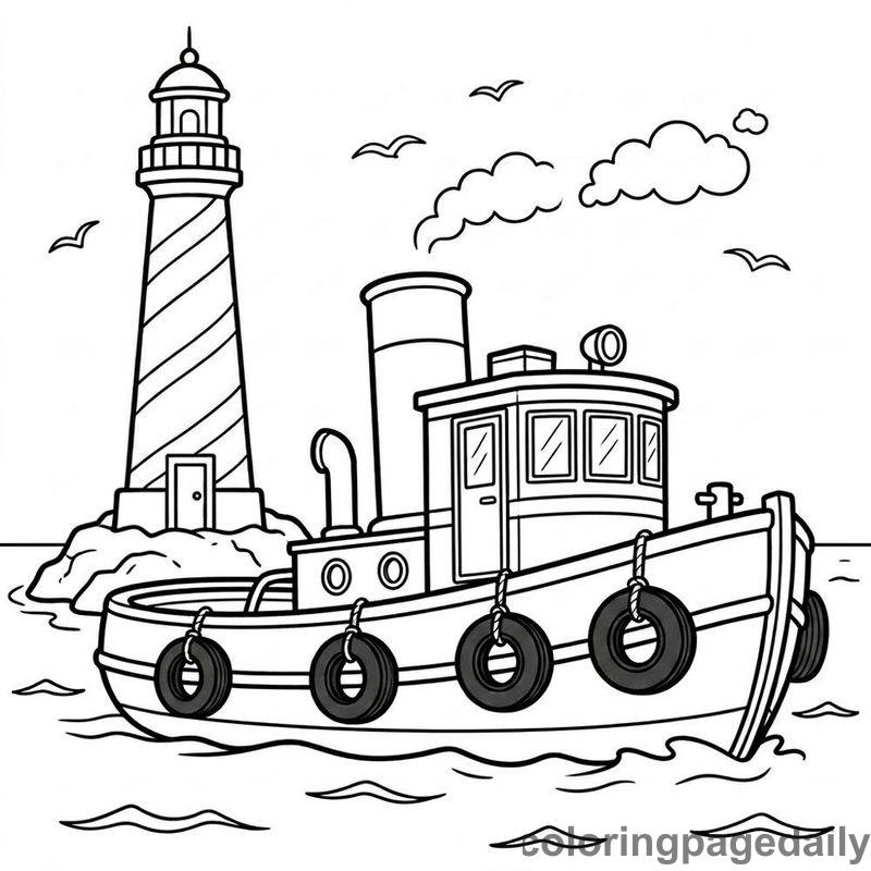 Tugboat Cruising Past Lighthouse - Daily printable coloring page in Vehicle category
