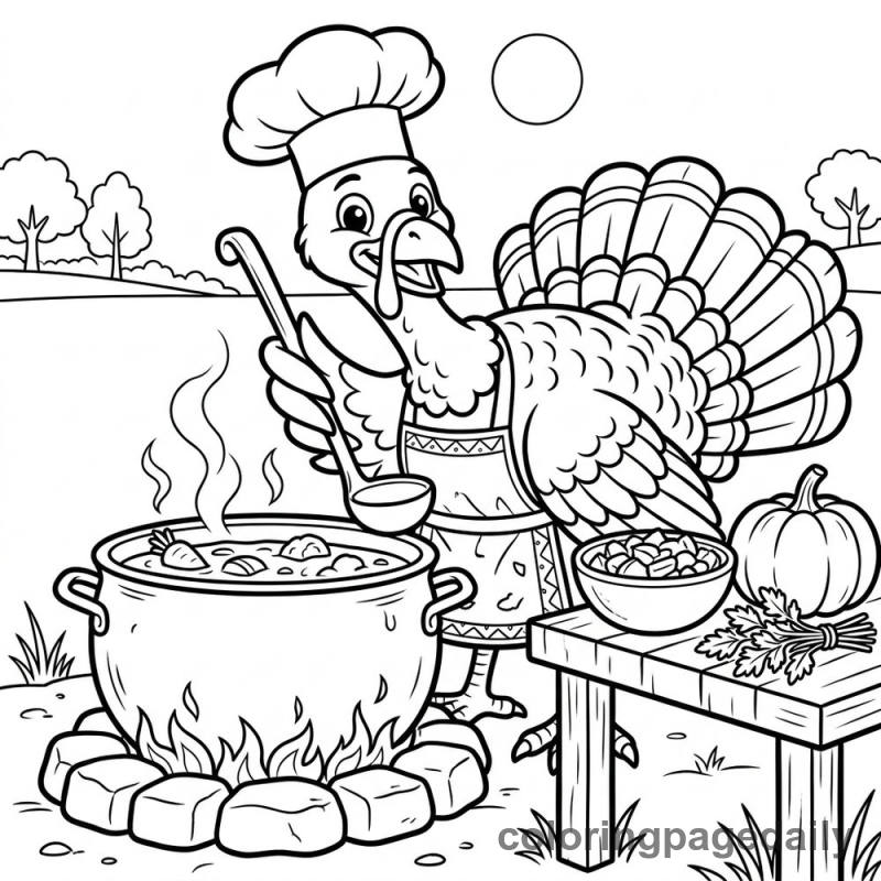 Turkey Chef Cooking - Daily printable coloring page in Thanksgiving category