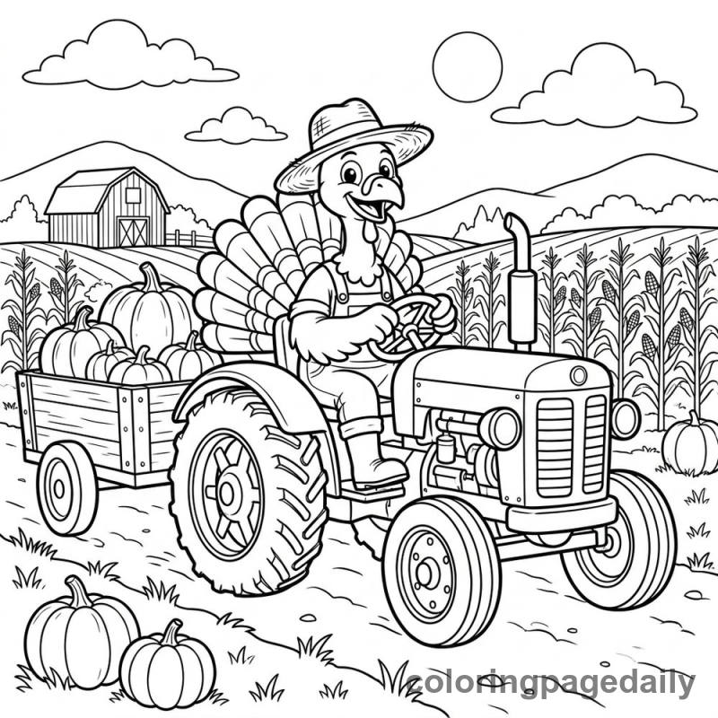 Turkey Driving Tractor - Daily printable coloring page in Thanksgiving category