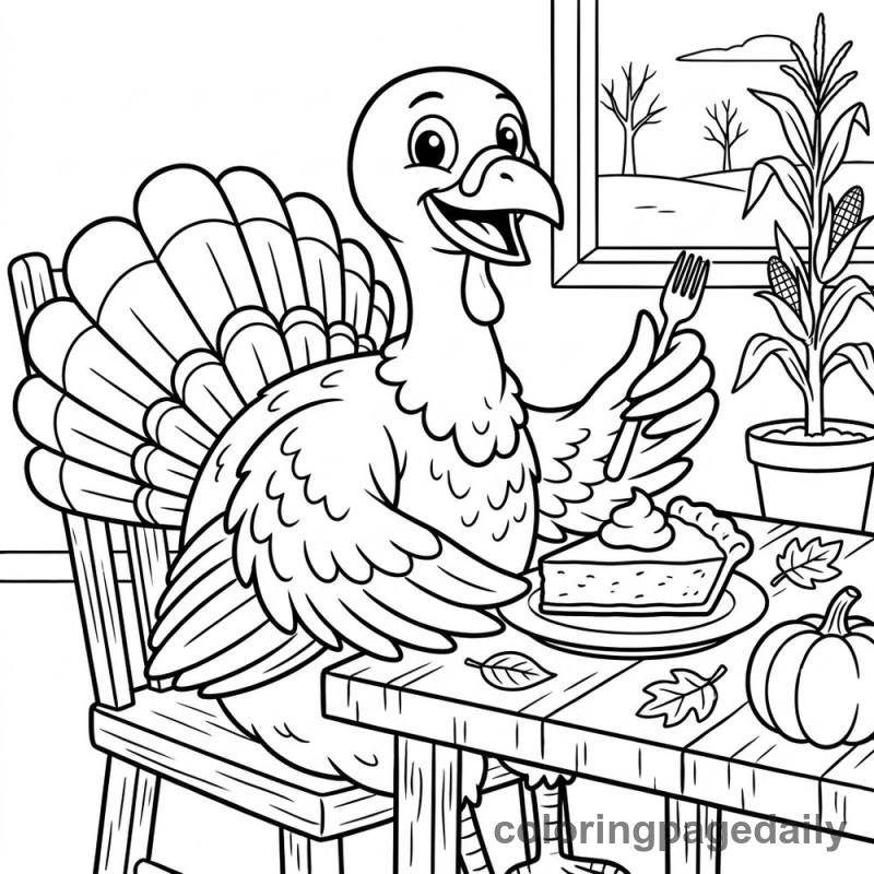 Turkey Enjoying Pumpkin Pie - Daily printable coloring page in Thanksgiving category