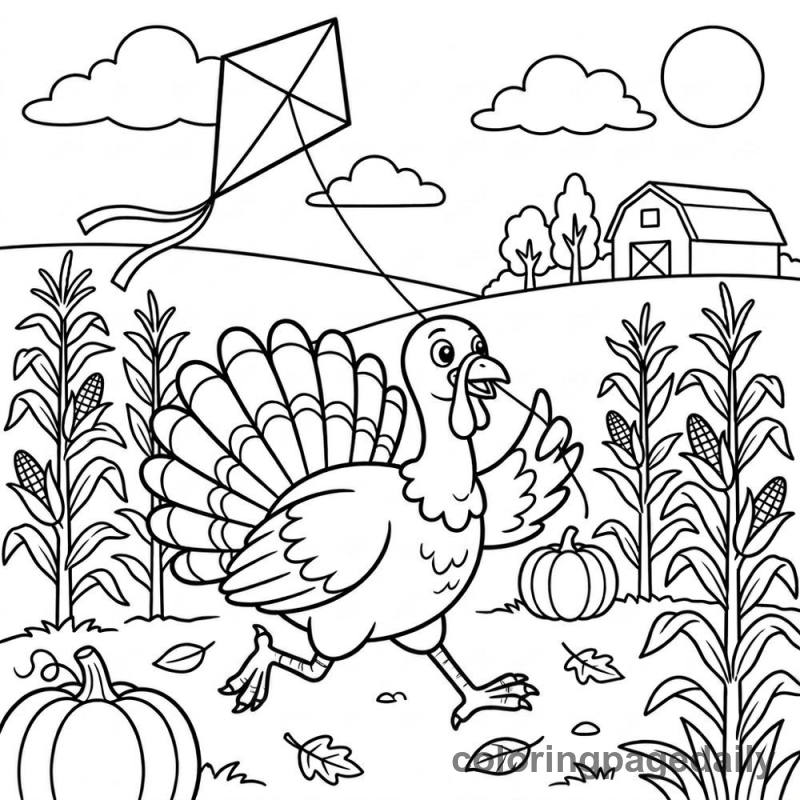 Turkey Flying a Kite - Daily printable coloring page in Thanksgiving category
