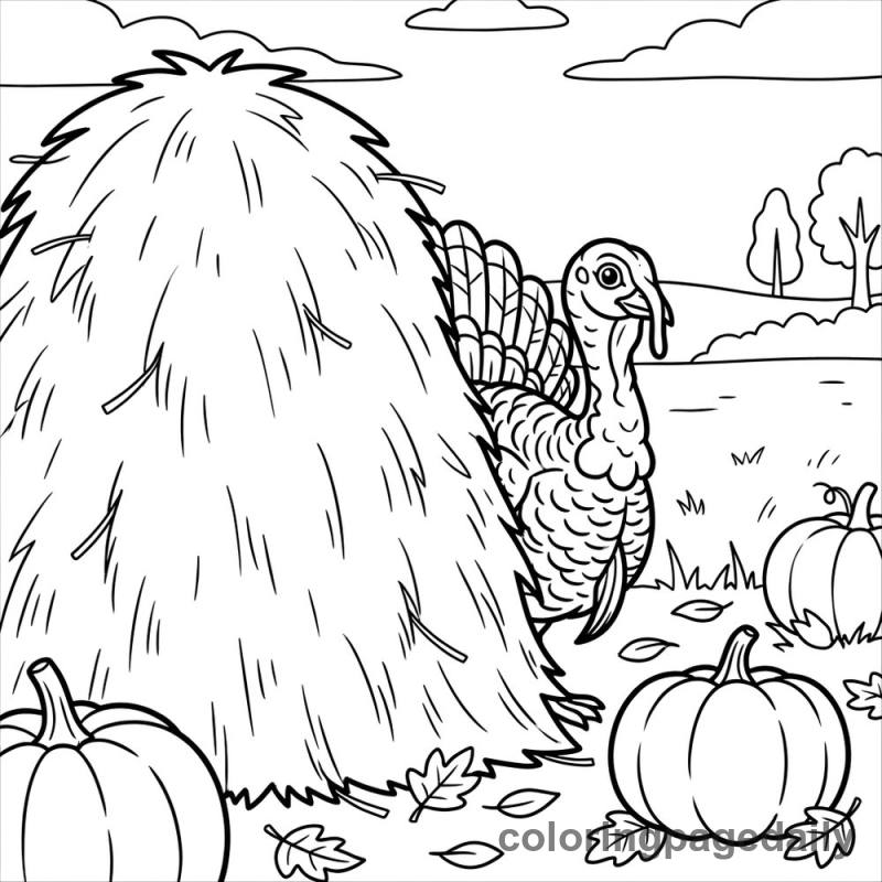 Turkey Hiding Haystack - Daily printable coloring page in Thanksgiving category