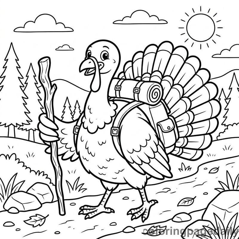 Turkey Hiking Adventure - Daily printable coloring page in Thanksgiving category