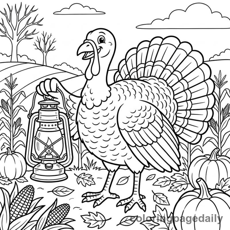 Turkey Holding Lantern - Daily printable coloring page in Thanksgiving category
