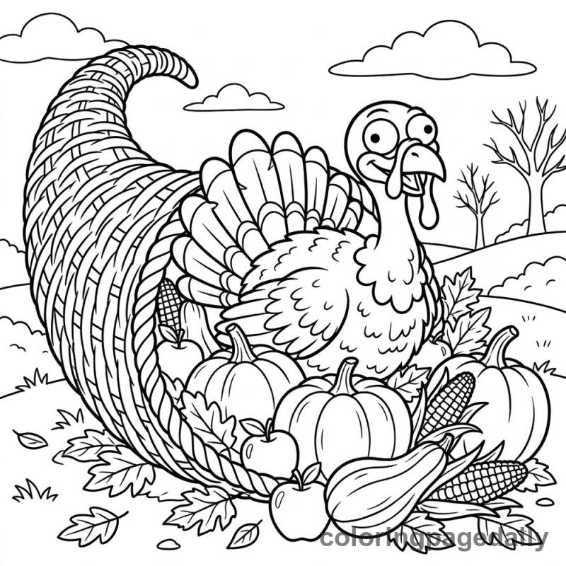 Turkey in Cornucopia - Daily printable coloring page in Thanksgiving category