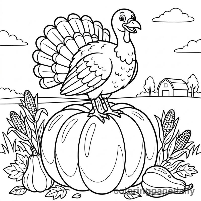 Turkey on Pumpkin - Daily printable coloring page in Thanksgiving category