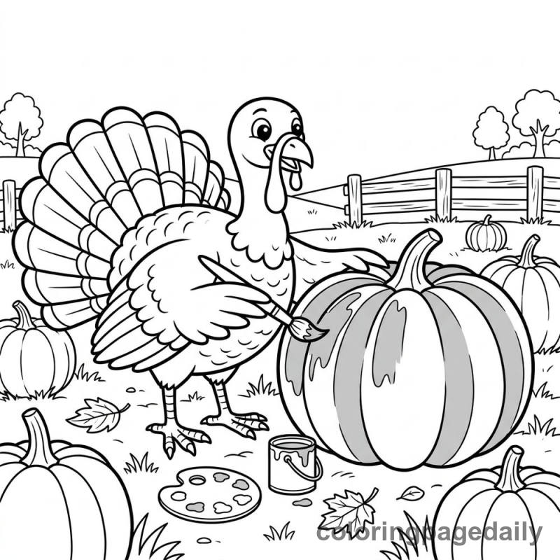 Turkey Painting a Pumpkin - Colored reference example