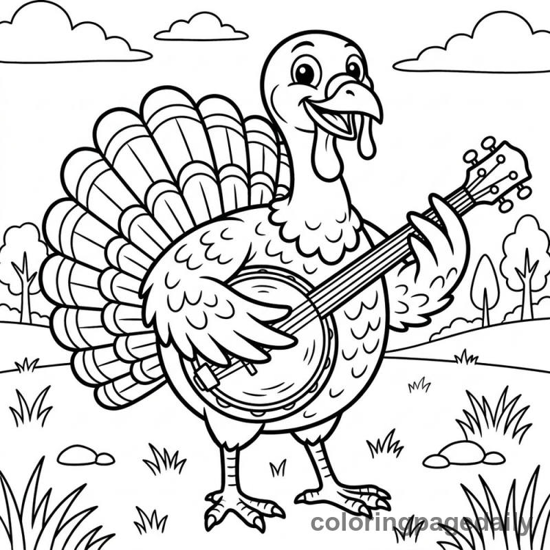 Turkey Playing Banjo - Daily printable coloring page in Thanksgiving category