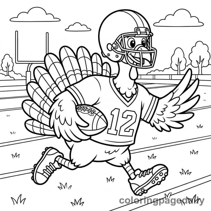 Turkey Playing Football - Daily printable coloring page in Thanksgiving category
