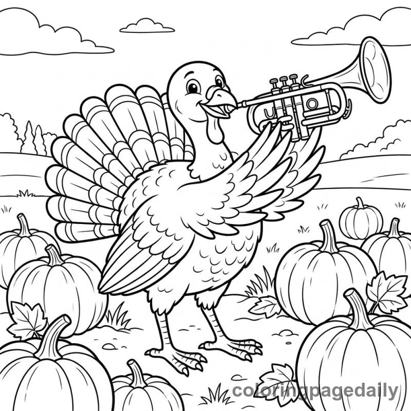 Turkey Playing Trumpet - Daily printable coloring page in Thanksgiving category