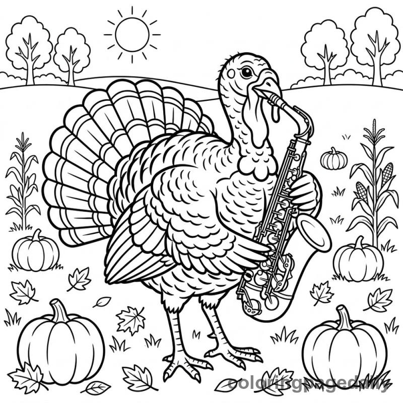 Turkey Plays Saxophone - Daily printable coloring page in Thanksgiving category