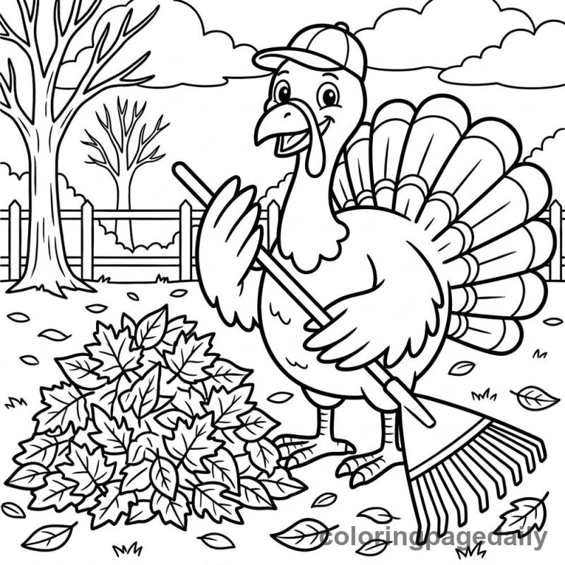Turkey Raking Autumn Leaves - Colored reference example